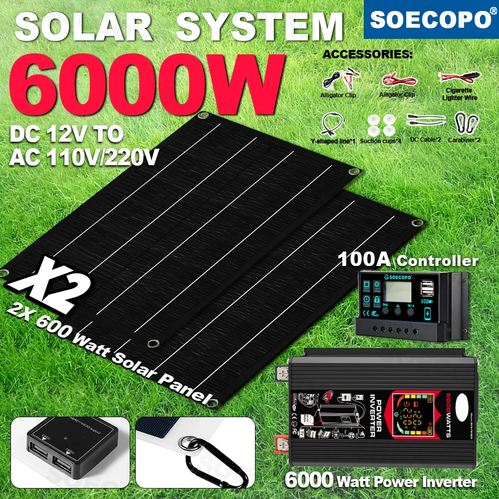 

SOECOPO 6000 Вт Набор солнечной системы для кемпинга 2 × 600 Вт Портативные панели для дома DC 12 В в переменный ток 110 В/220 В Инвертор 100 А Контроллер RV USB 5 В