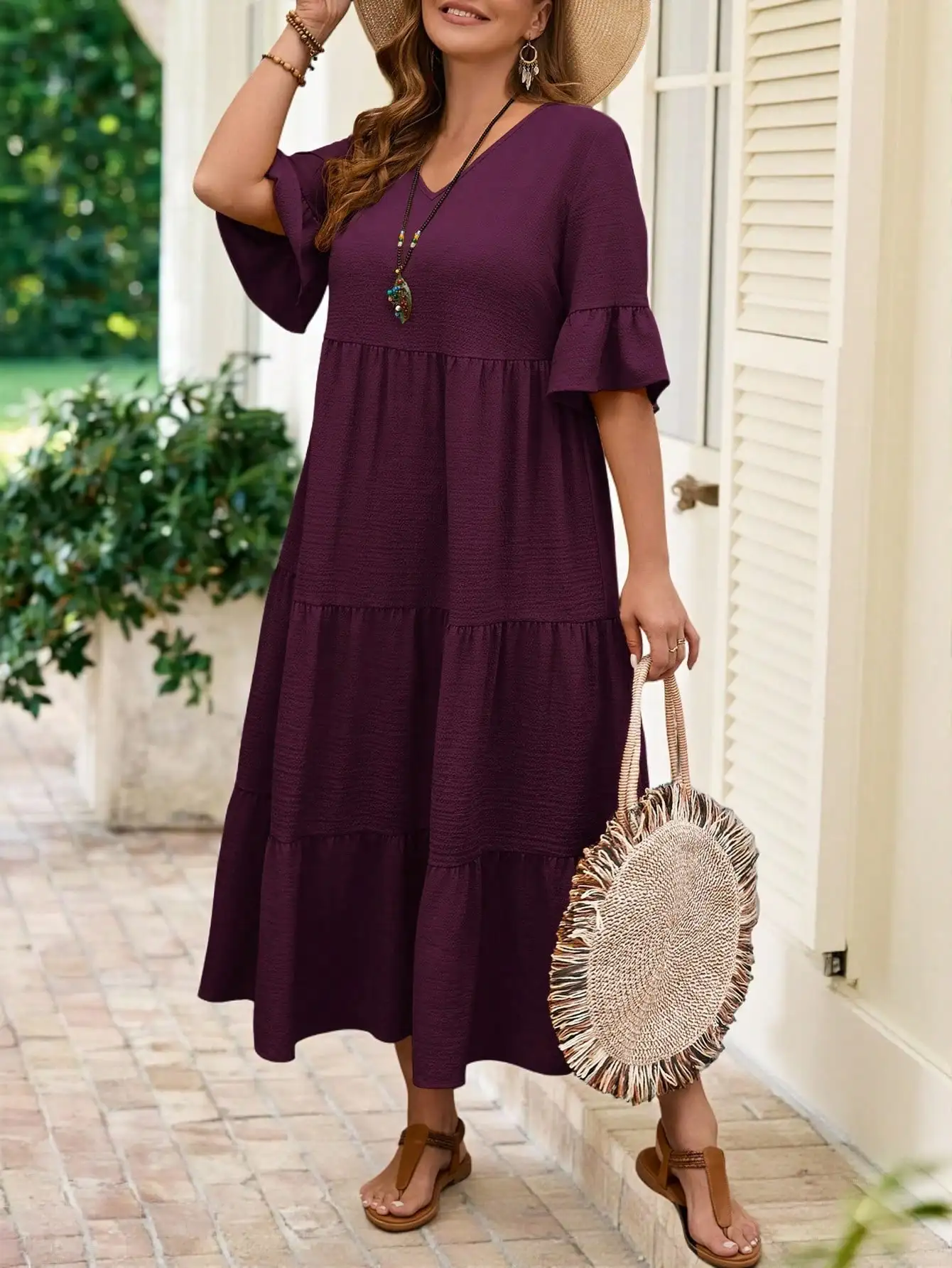 

Deep V-Neck Ruffle Sleeve Tiered Hem Long Purple Maxi Dress For Summer