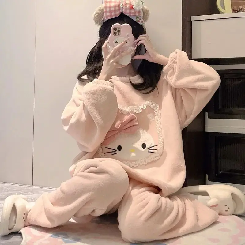 

Kawaii Hello Kitty Autumn Winter Thickened Warm Pajamas Women Casual Loose Round Neck Home Clothes Suit Cartoon Cute New Style