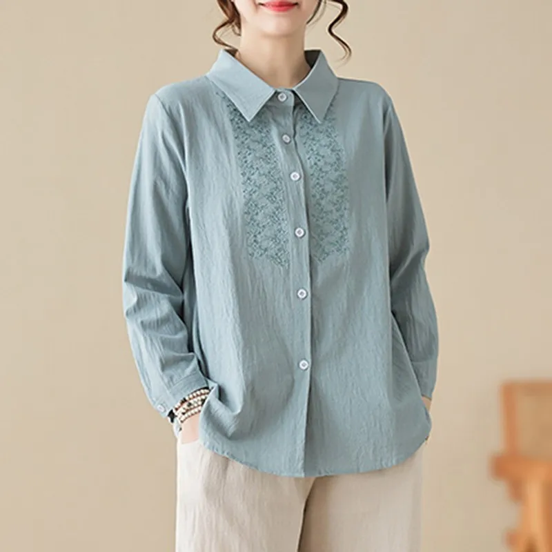 Women Long Sleeve Casual Shirt New Arrival 2024 Spring Vintage Style Solid Color Embroidery Loose Female Basics Tops B3559