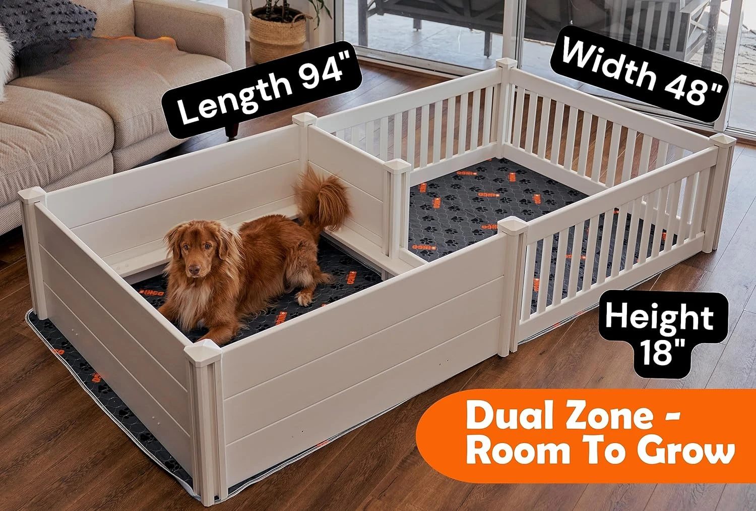 Dingo-XL Whelping Box for Dogs | 94” x 48” (Dual Zone) | 2 Free Washable Pee Pads + 2 Free Storage Bags | DingoSafe Rail System