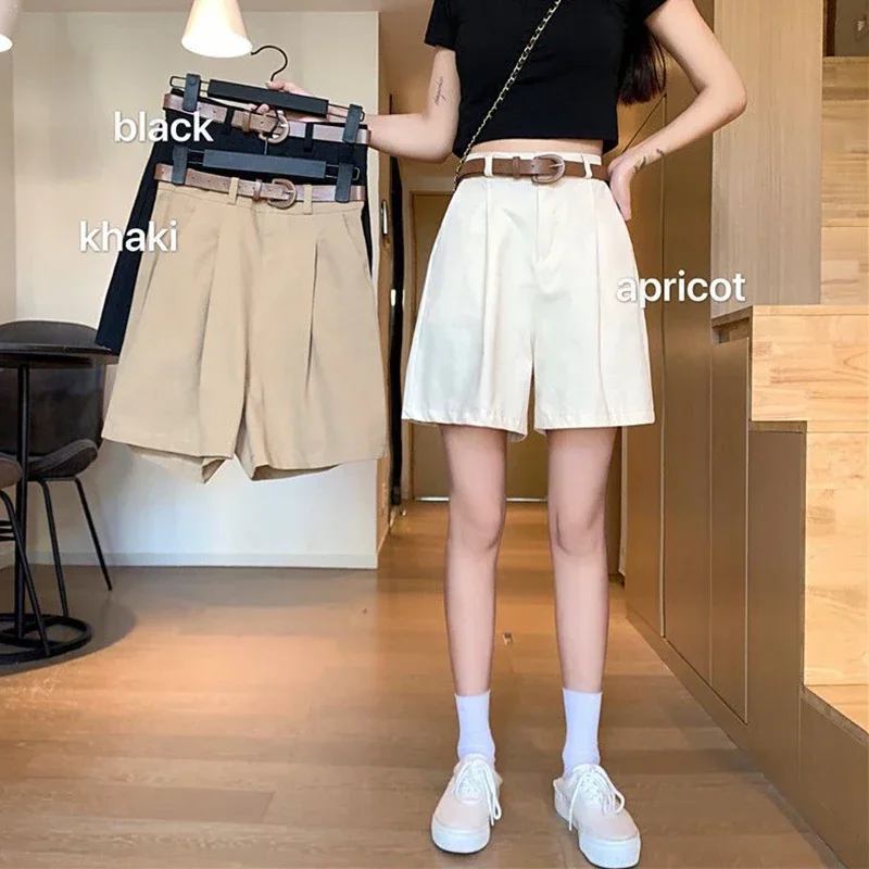 Women\' Summer Casual Shorts 2024 New Streetwear with Belt Cotton Wide Leg Shorts Female High Waist Straight Knee Length Pants