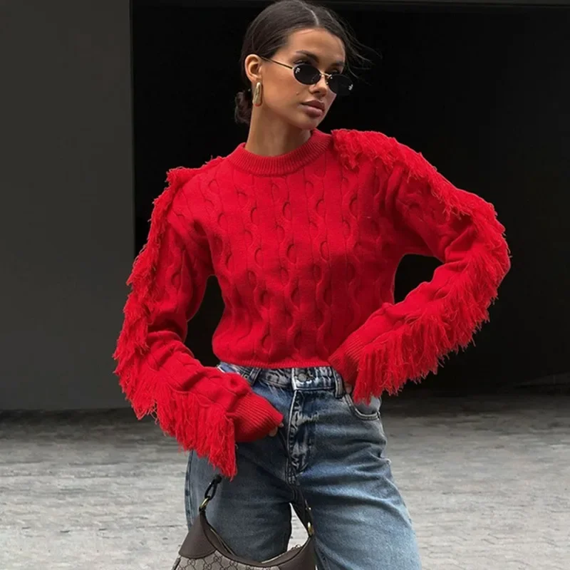 

Knitted O-Neck Sweater Women's Autumn Winter Fashion Tassel Long Sleeve Short Solid Slim Top Casual Streetwear Pullover