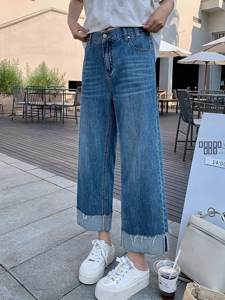 

Синие джинсы с высокой талией свободного кроя для женщин больших размеров, летние модные брюки прямого кроя из смесового хлопка, универсальные повседневные брюки