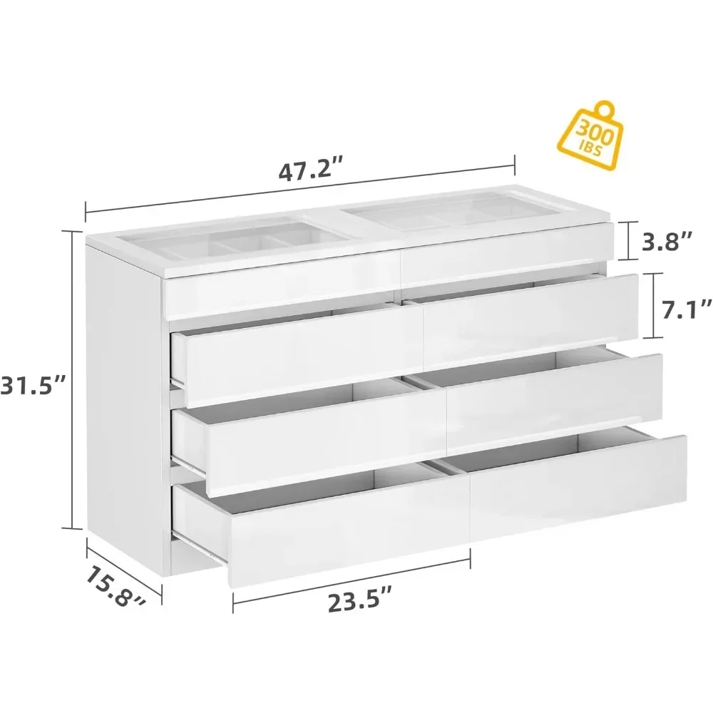 8 Drawer Dresser w LED,White Dresser, 8 Chest of Drawers w Deep Drawers Glass Top High Gloss Surface,Storage Organizer Cabinet