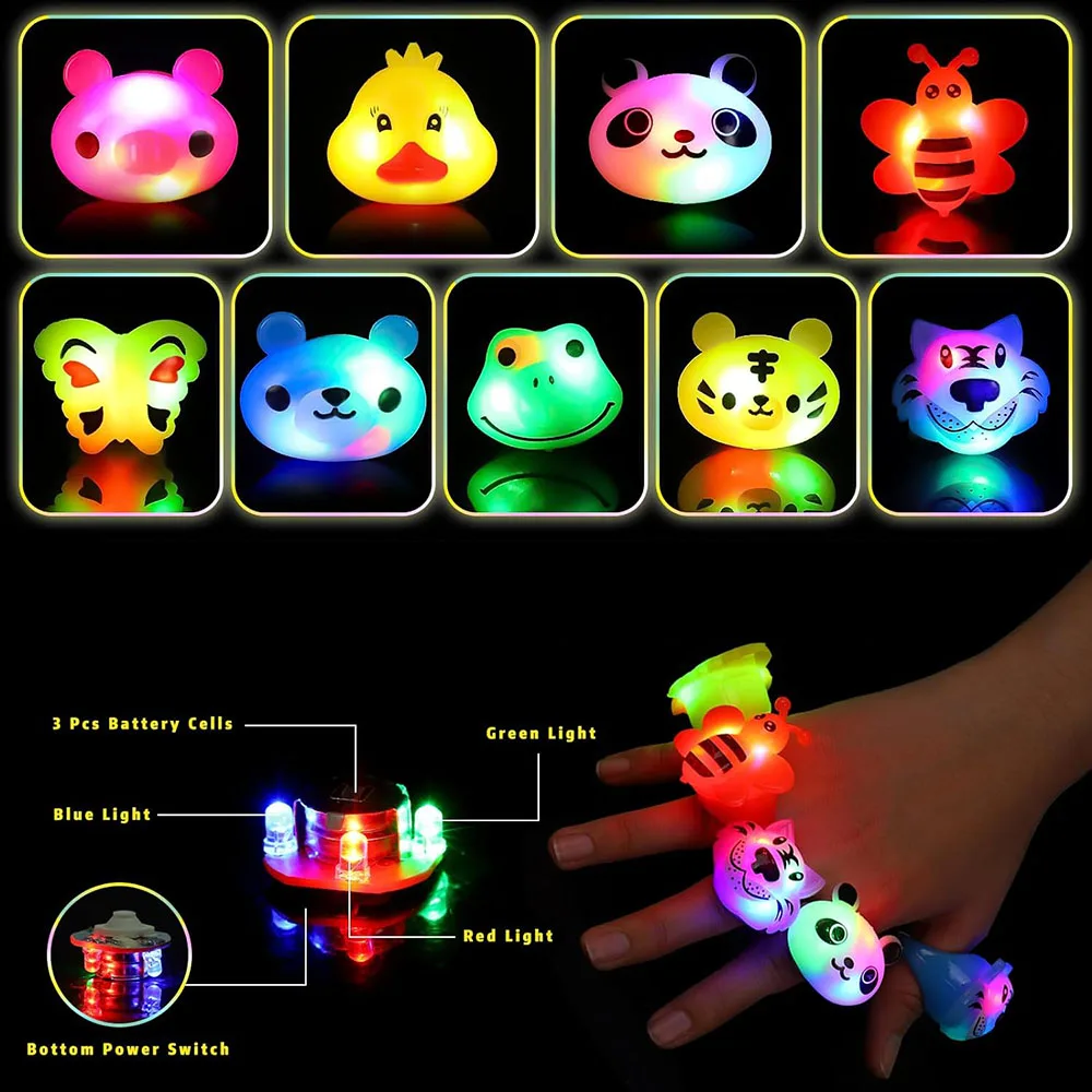 LED Light Up Rings Bulk Kids Toys Glow in The Dark Kids Birthday Party Favors Supplies Goodie Bag Stuffers Cute Animal Rings