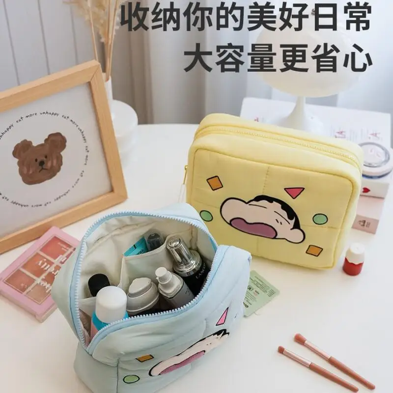Crayon Shin-Chan Puffy Cosmetic Bag Large Capacity Cute Cartoon Travel Wash Bag Portable Makeup Storage Organizer for Trip Use