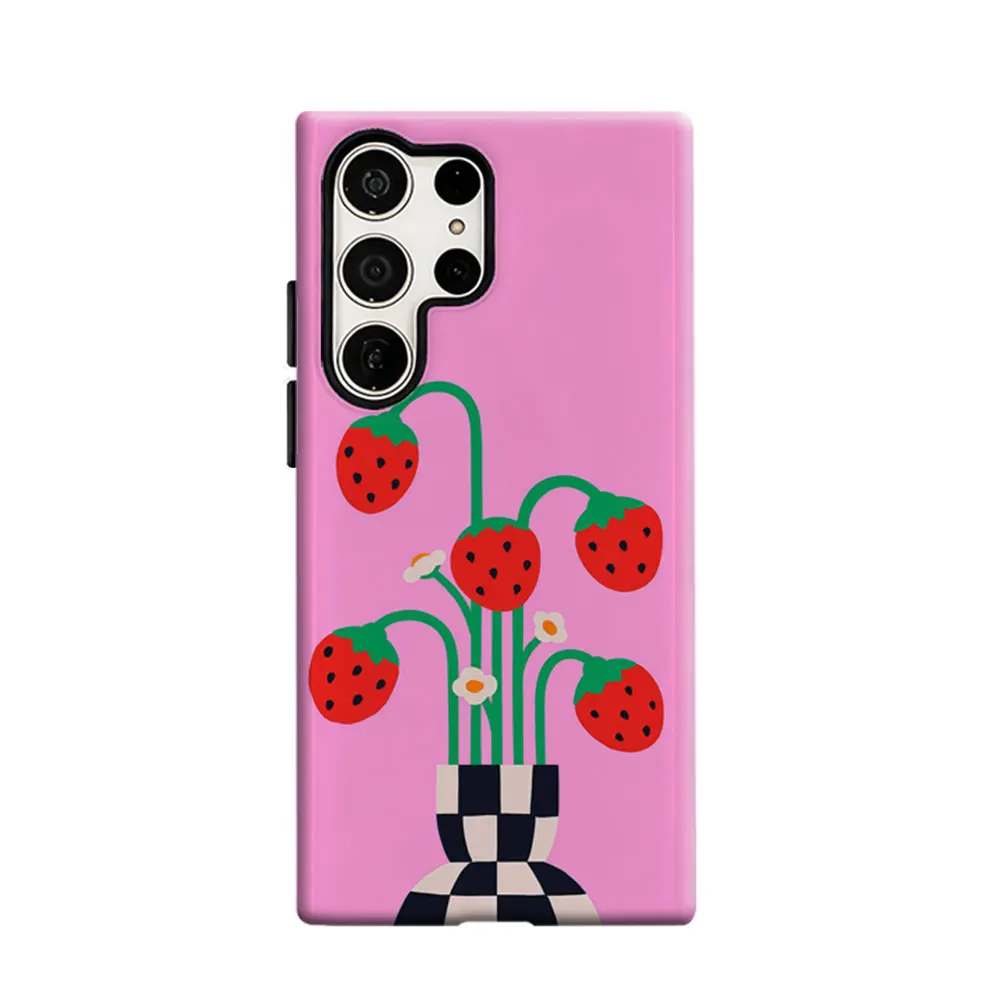 CaseLumi Phone Case For Samsung Galaxy S26 S25 S24 S23 Ultra Plus Glossy HD Hard Cover Film Shell Checkerboard Strawberry Cover