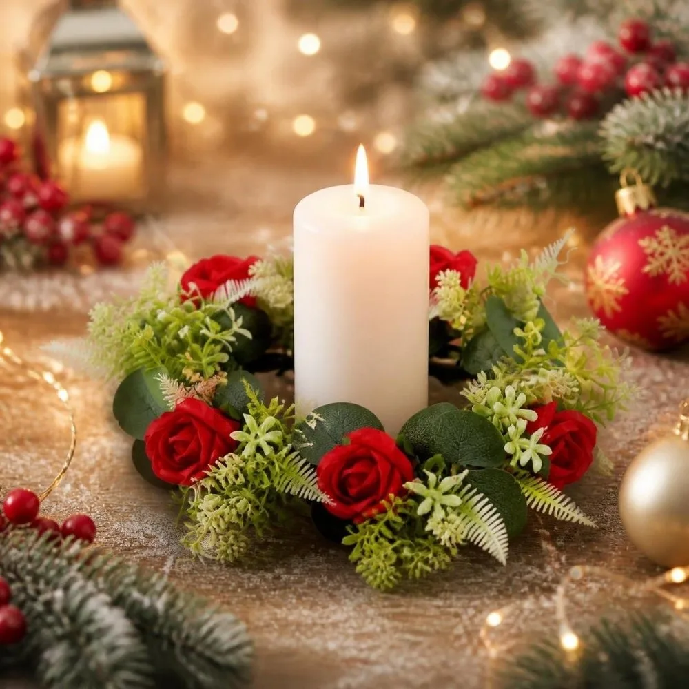 Rose Wreath Candle Holder Exquisite Table Ornaments Eucalyptus Leaf Candlestick Centerpiece Decoration Artificial Green Leaves