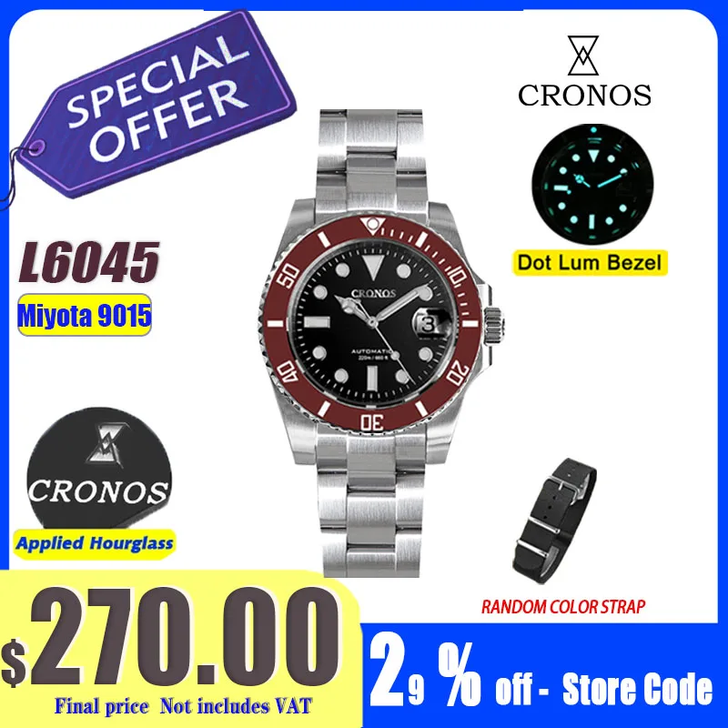 Cronos New 40mm Diver Men Watches Luxury Miyota9015 Automatic Mechanical Watch Sapphire Crytal Waterproof 200m AdjustClasp L6045