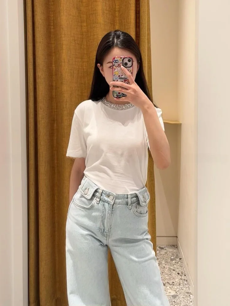 

M домашняя ранняя весна, новая женская модная повседневная универсальная корейская футболка с тяжелым вырезом, круглая футболка из чистого хлопка