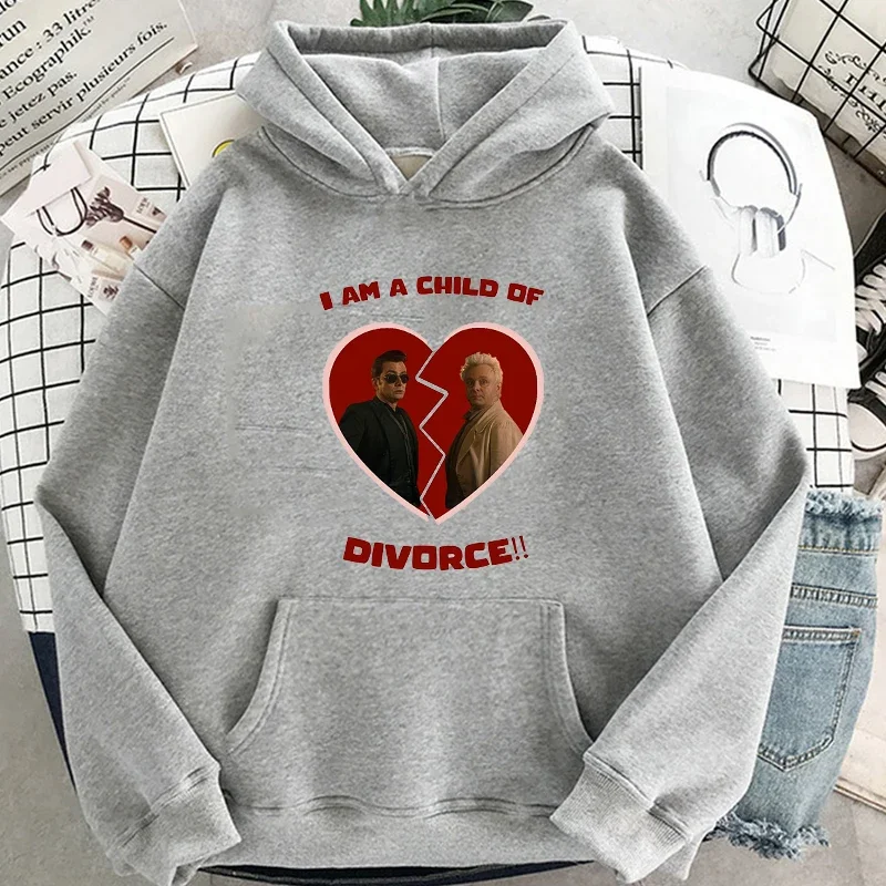 Good Omens I am a child of divorce Hoodies Cartoon Graphic Printing Sweatshirt with Hooded Comfortable Women/Men Pullovers Tops