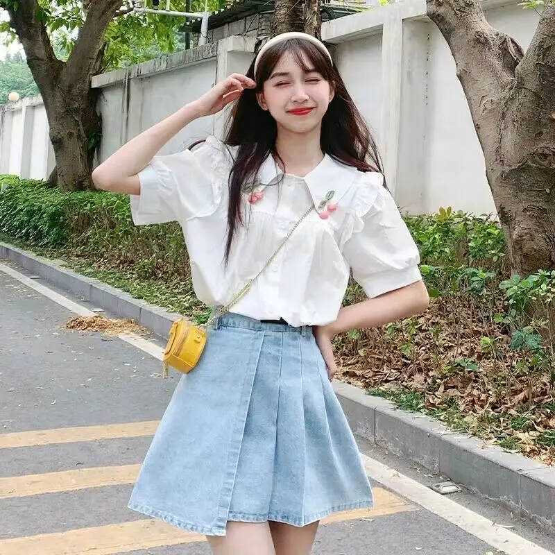 

2023 Summer new Peter Pan collar shirt fresh preppy style shirt Women's Japanese-style retro cute youth-looking shirt