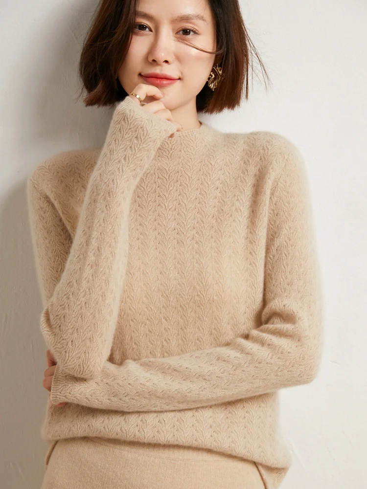 

Autumn Winter Women Cashmere Mock Neck Pullover Long Sleeve 100% Merino Wool Sweater Twist Flower Soft Knitwear Tops Clothing
