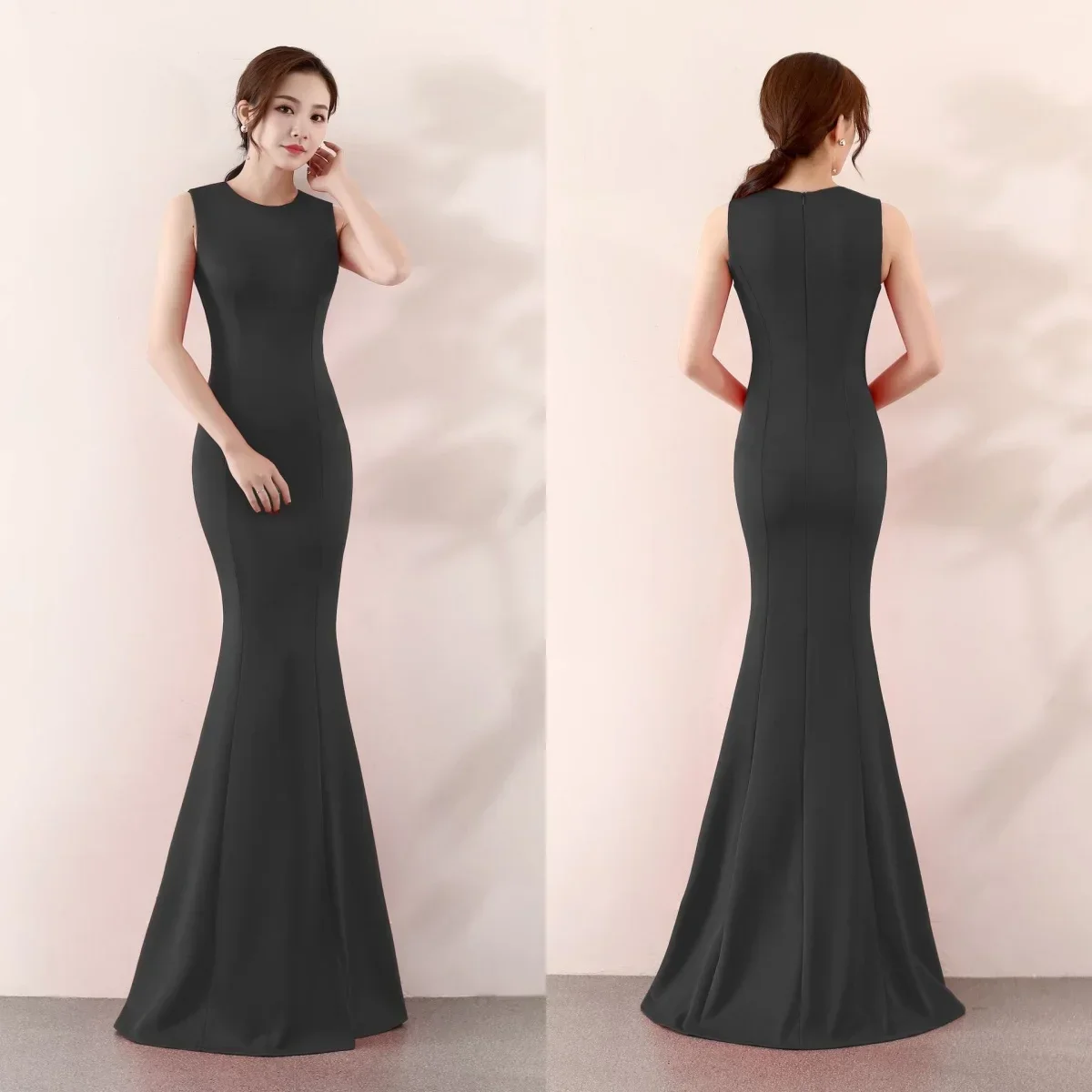 

Evening Dresses Black Stretchy O-neck Sleeveless Zipper Back Mermaid Trumpet Floor Length Women Party Formal Gowns YE064