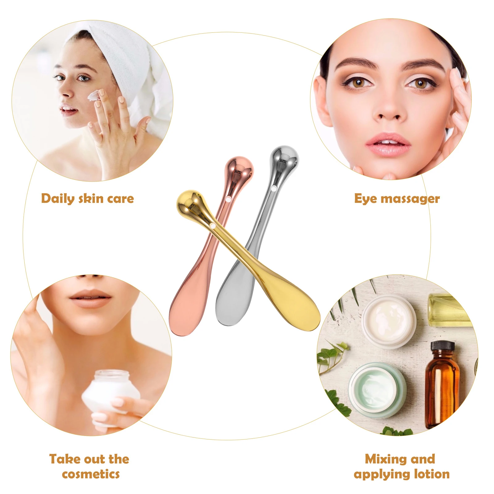 

3pcs Cream Spoons Zinc Alloy Golden Massaging Tools Portable Makeup Eye Sticks Relief Fatigue Promote Circulation