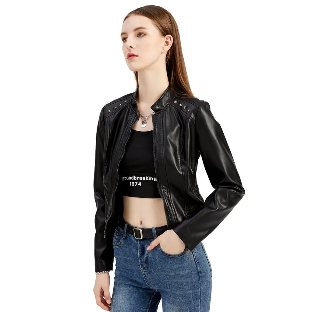 Autumn Slim Fit Street Hipster Zipper Black Long Sleeve Coat European American Imitation Leather Stand Collar No Belt