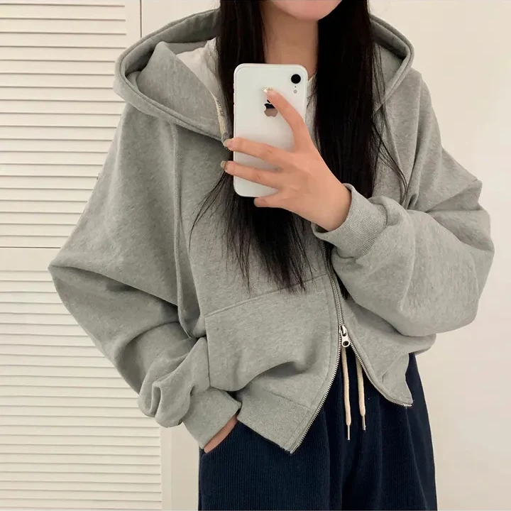 Chic automne décontracté Simple Double fermeture éclair coupe ample polyvalent ort Sve sweat à capuche Long Jaet pour les femmes trajet Sle