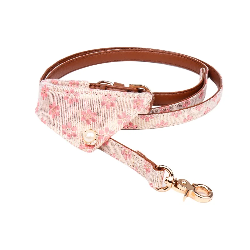 Floral Dog Collar Small Pet Cat Bandana Bib leash Rope Scarf PU Leather Print Fabric Collier Chain Neck Strap Teddy Pug