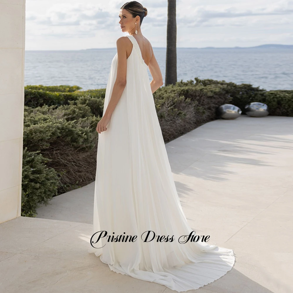 One Shoulder Pleated Chiffon A-Line Wedding Dress with Beaded Strap Sweep Train Sleeveless Women Bridal Gowns Customized Size
