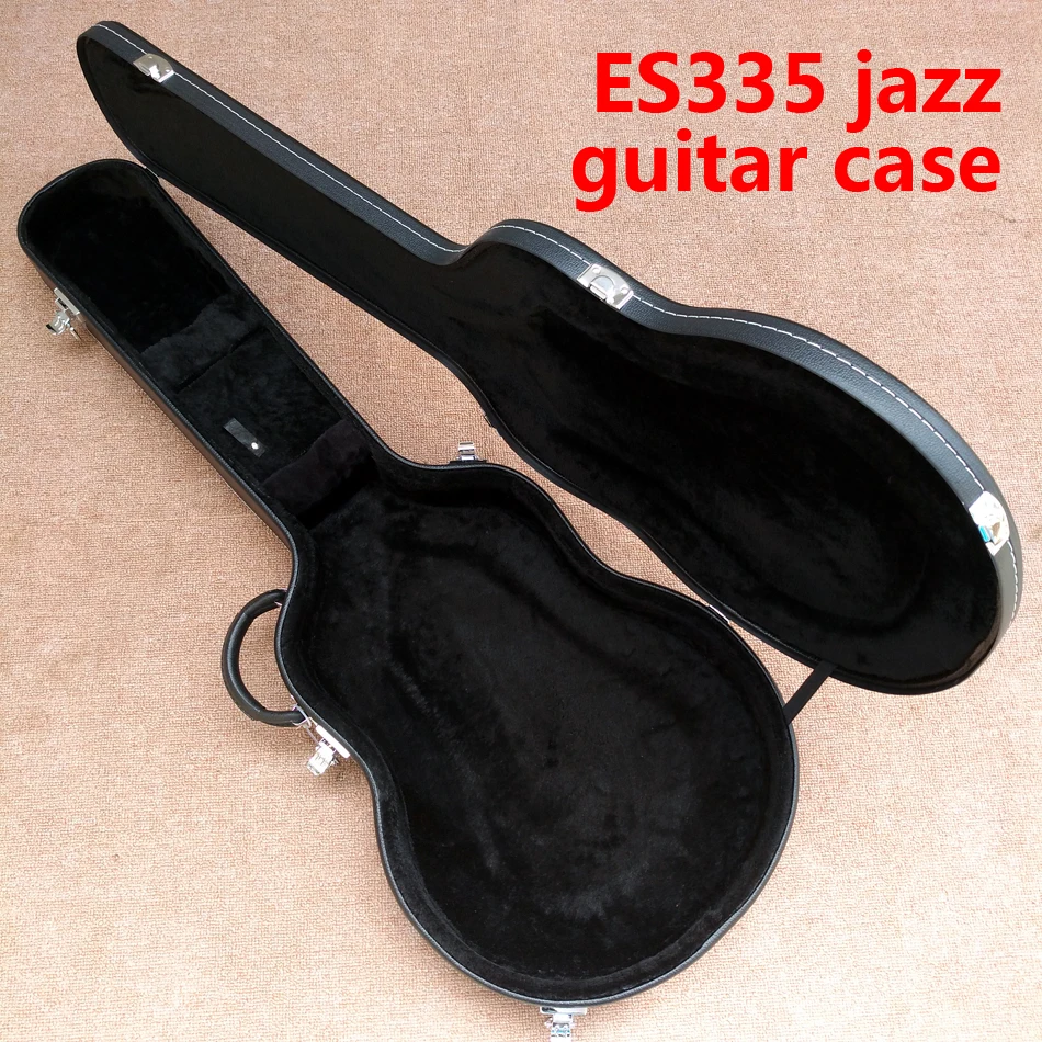 Hollow Body Jazz ES-335 Electric Guitar Hard Case, Black Leather With Black Lining, Chrome Hardware, Free Shipping