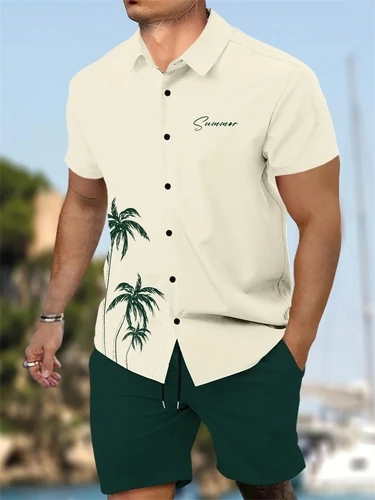 ¡Novedades de verano! Camisa de manga corta para hombres y pantalones cortos de 2 piezas, conjunto de pantalones cortos con cordón de playa con estampado de árbol de coco a la moda