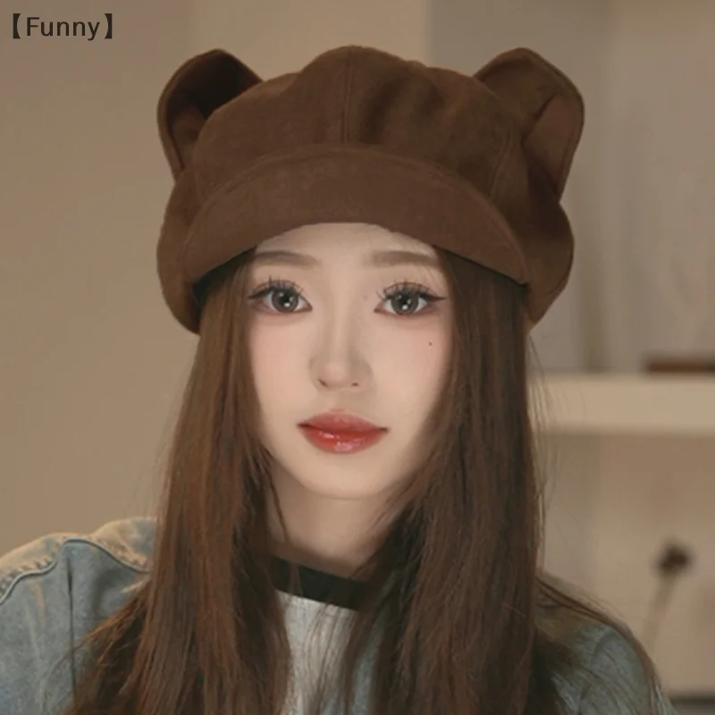 DapatFunny OrganiKorean rétro oreille de chat béret octogonal pour les femmes automne et hiver brossé et chaud