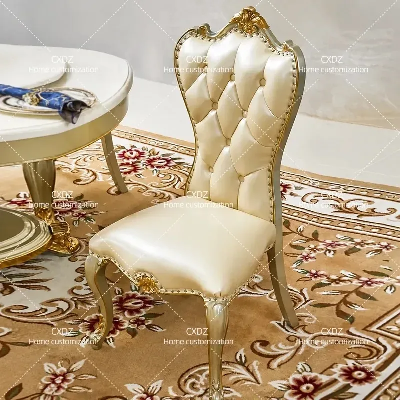 Luxury Solid Wood Carved Leather Dining Chair Champagne Gold Oak Frame High Back Restaurant Hotel Furniture Elegant European