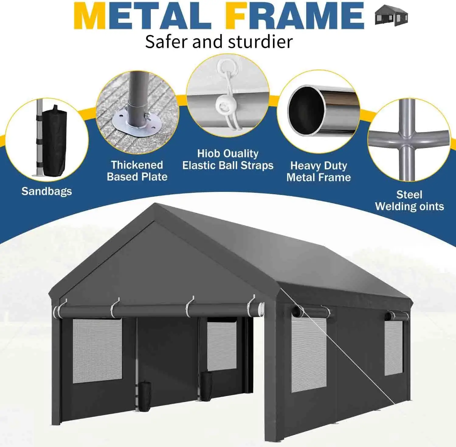 12 x 20 FT Heavy Duty Carport Canopy Portable Garage Shelter With Roll Up Windows Removable Side Walls Doors Sandbags Outdoor Car Tent Tarp For Car Truck Boat Motorcycle Grey