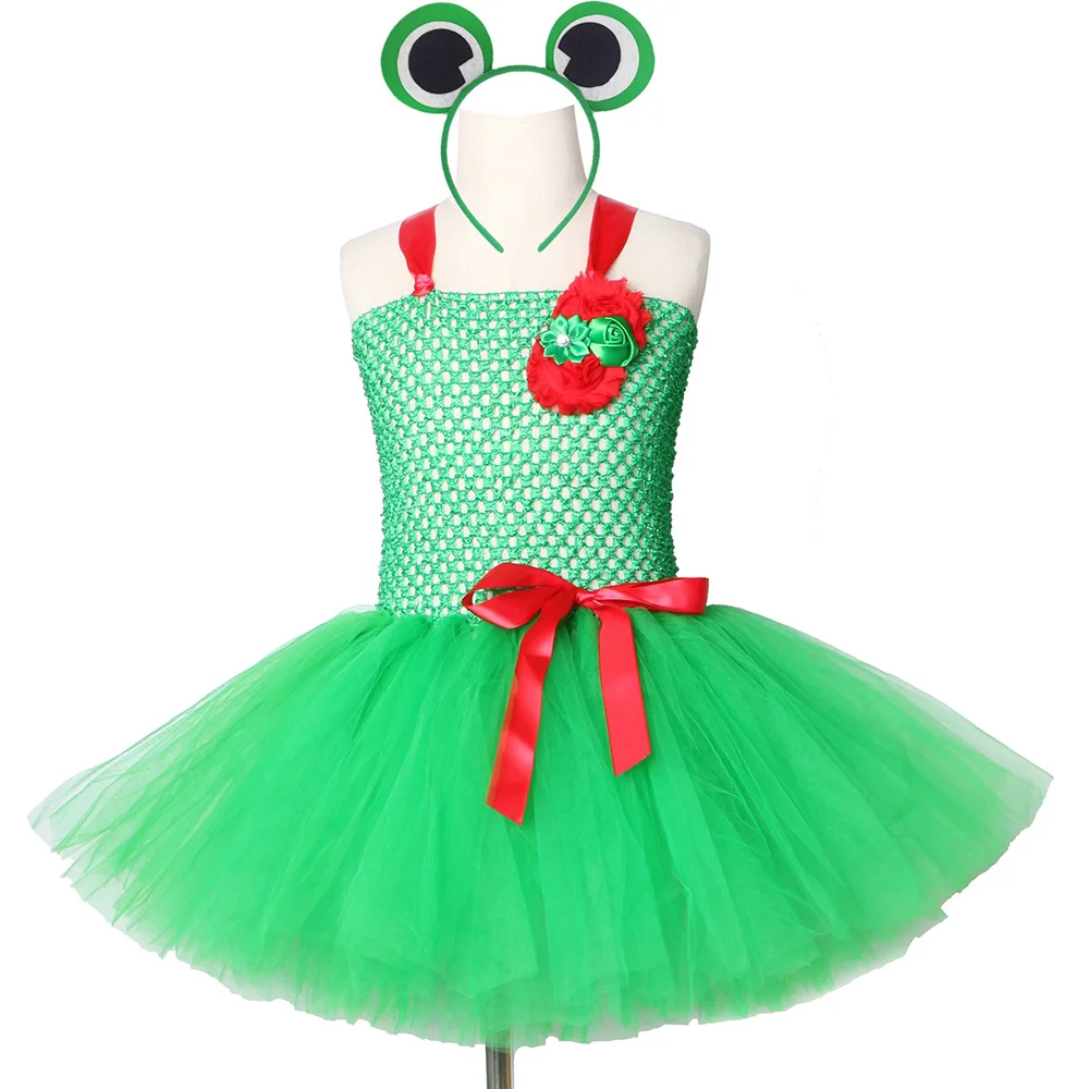 Halloween Girls Frog Pattern Tulle Tutu Dress Kids Fluffy Mesh Dress Bright Green Sheer Skirt Designed With Cute Animal Graphics