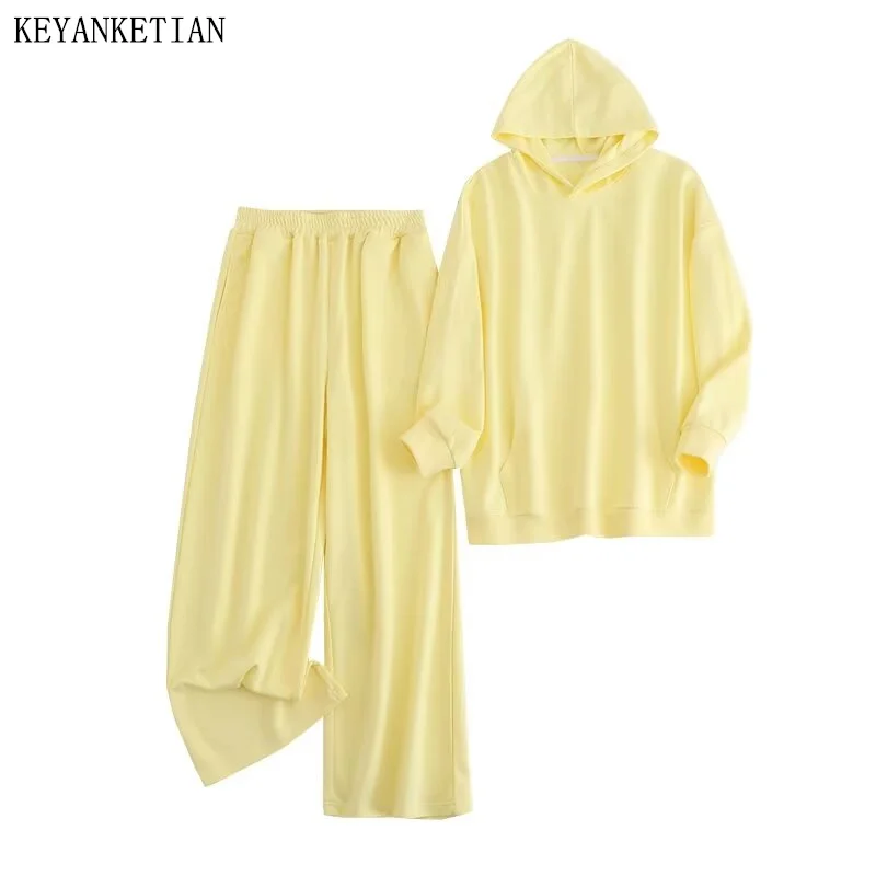 

KEYANKETIAN 2024 New Leisure style Oversize Loose Kangaroo Pocket Hoodie Elastic Waist Sweatpants Women's Sporty Two Pieces Sets