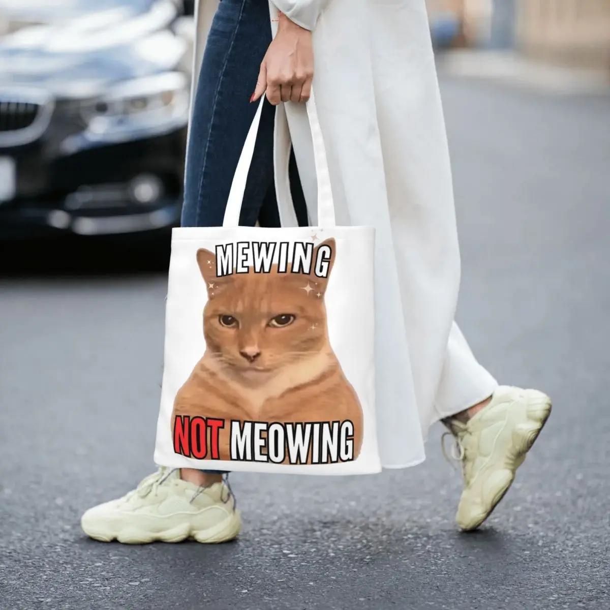 Mewing NOT Meowing Meme Merch Canvas Tote Bag for Women Daily Looksmax Cat Face Casual Bags Handbang