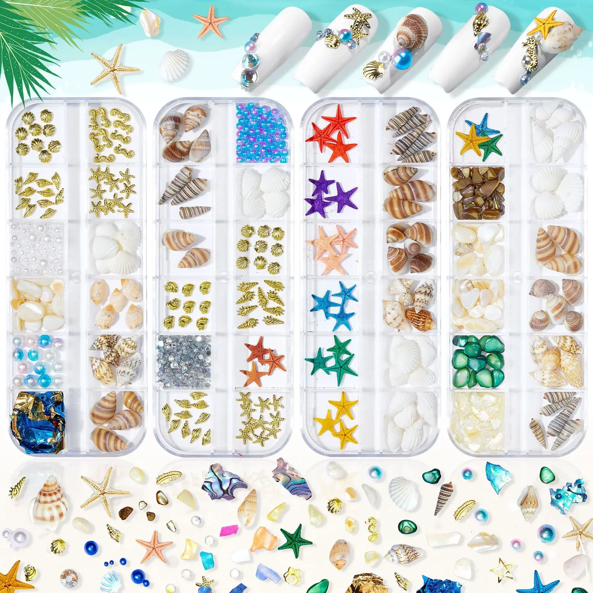 12 Grids Sea Ocean Nail Charms Blue Aurora Shell Moon Star Heart Starfish Pearl Flake Slice Summer Jewelry 3D Kawaii Decoration