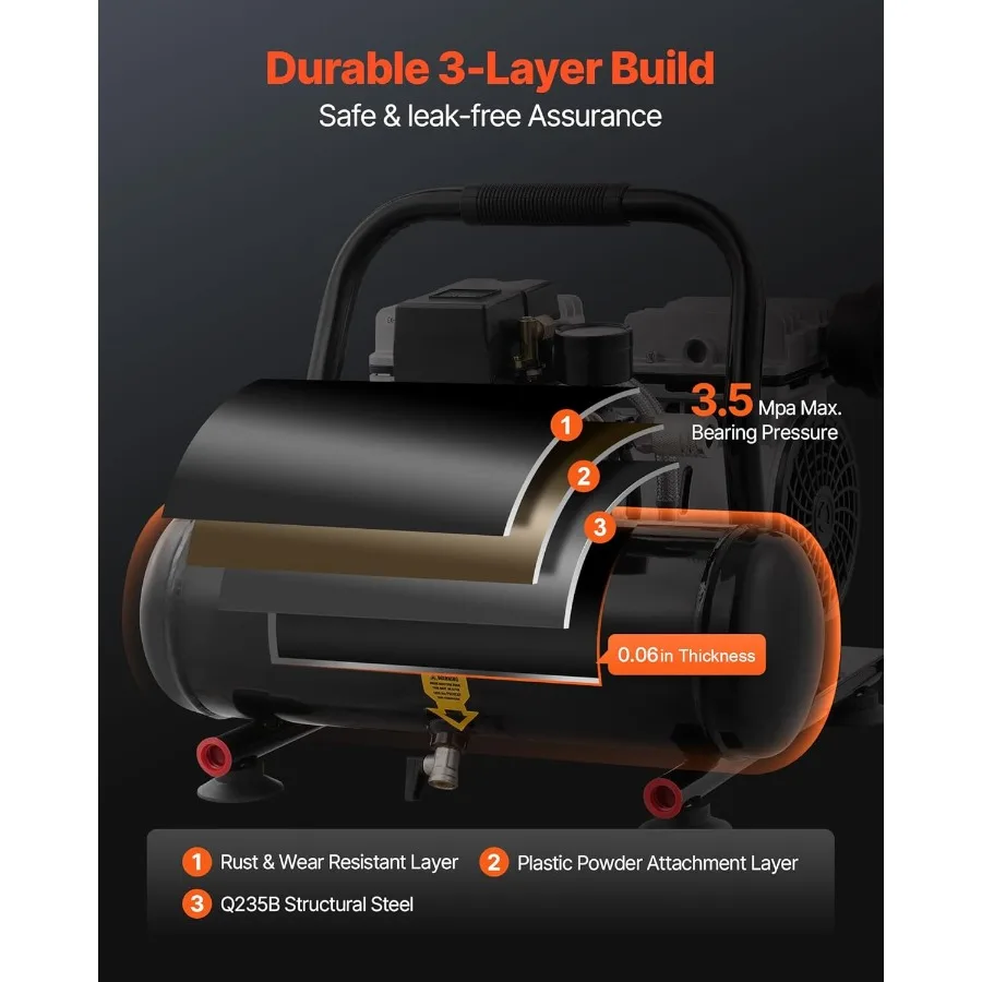 ضاغط هواء 1 جالون خزان فولاذي 1 حصان 1.5CFM @ 90PSI ضاغط هواء خالي من الزيت مع أقصى. 120 رطل لكل بوصة مربعة ضغط فائق الهدوء 78 ديسيبل بورتاب #5