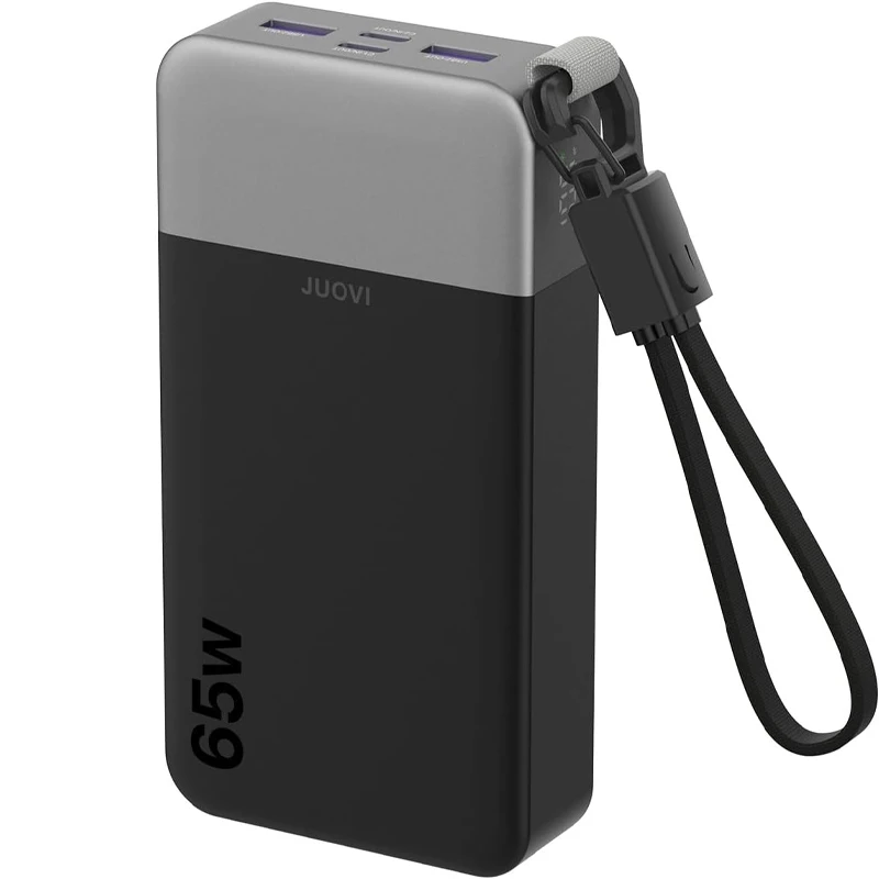 Chargeur portable JUOVI, batterie externe 65W 20000mAh pour ordinateur portable, charge rapide avec câble USB-C intégré, compatible MacBook, iPhone 17 16 Pro, Samsung S26 et plus
