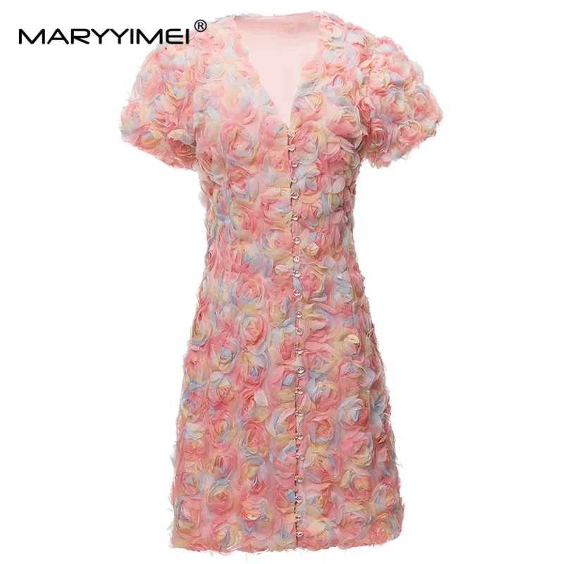 MARYYIMEI New Fashion Runway Designer Women's Clothing V-Neck Short-Sleeved Single-Breasted Colorful Gauze Tray Flower Dress