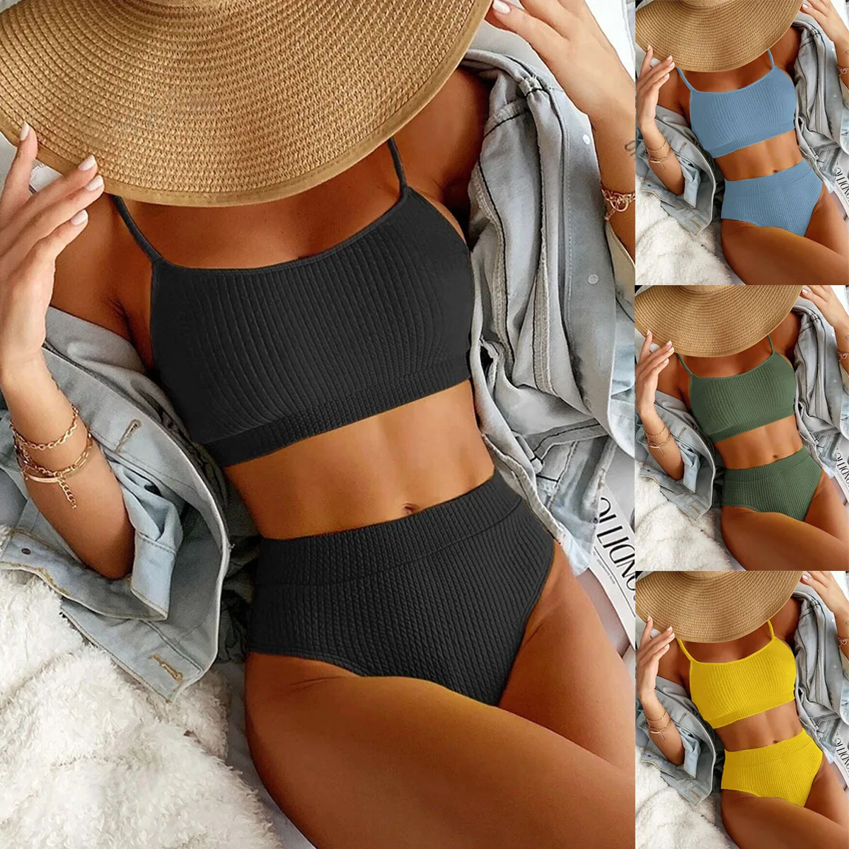 

Swimwear Women 2025 Swimsuit Fashion Split Bikini High Waist Sexy Solid Color Swimsuit