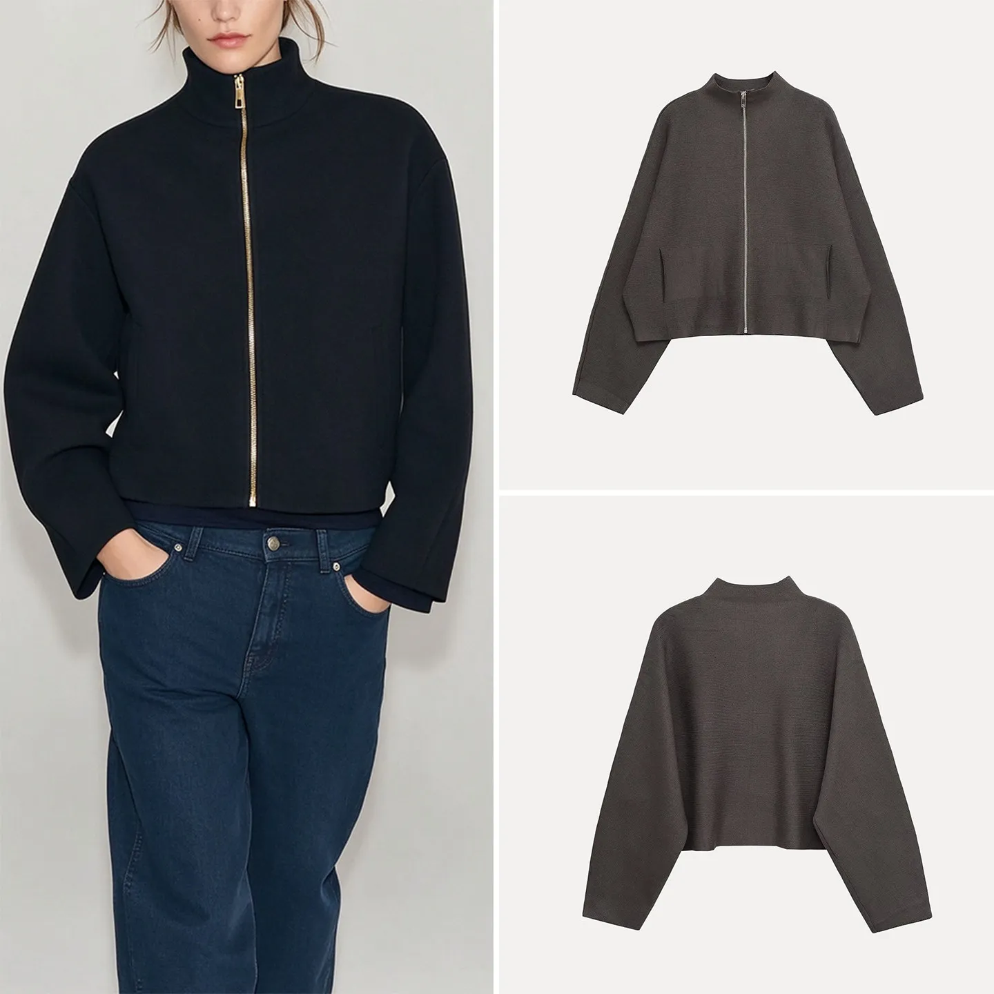 Autumn 2026 New Women's Knitted Zipper Long Sleeve Stand Collar Multi-Color Outerwear Casual Loose Fit Style ZADATA