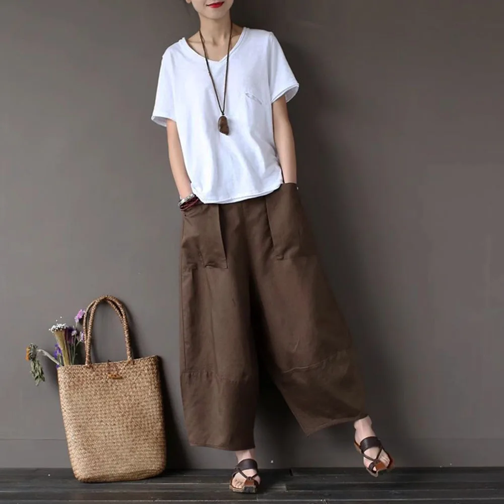 Pantalon de loisirs à jambes larges pour femmes, été, lin, coton, couches d'épissure, taille élastique, ample, rétro, court, Harlen, poches