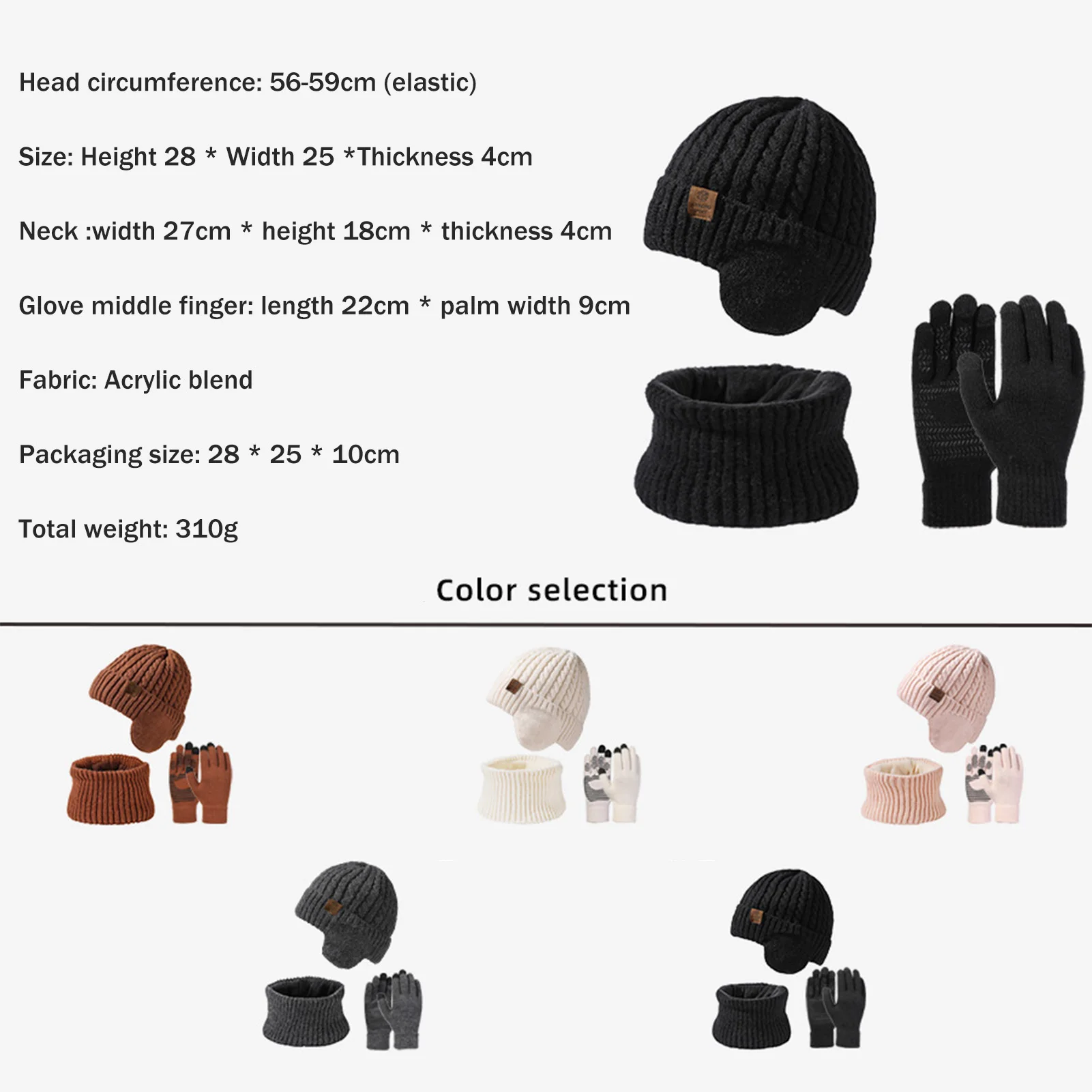 Gorro de punto cálido, bufanda para el cuello, conjuntos de guantes, gorro holgado de punto, calentador de cuello, bufandas táctiles para mensajes de texto, guante para hombres y mujeres