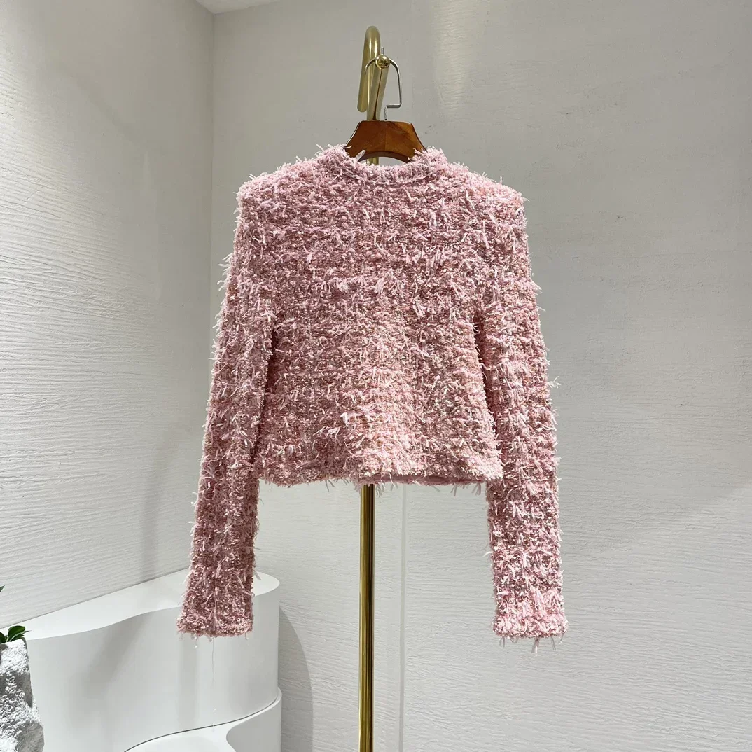 Newest High Quality Women Pink Gold Buttons Long Sleeve Knit Coat Tops