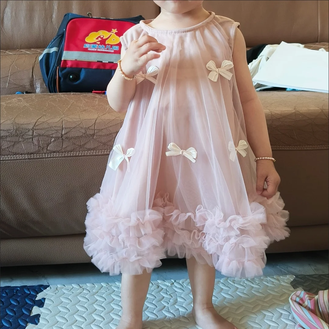 1-10Y Teens Kids Dresses for Princess Girls Sleeveless Three-dimensional Bow Mesh Lace Dress Elegant Children's Summer Clothing