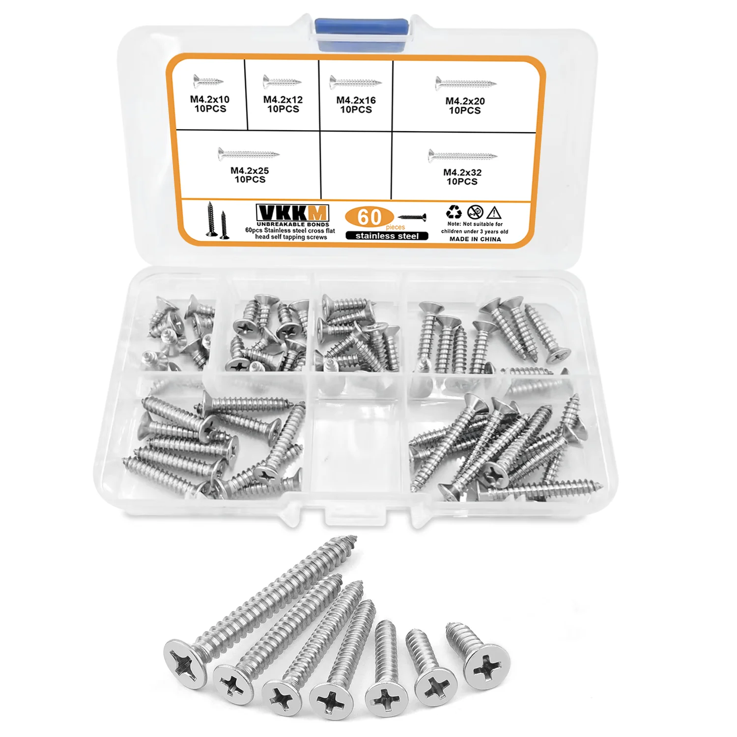 #8 Self-Drilling Wood Screw Set, 60pcs Cross Flat Head Steel Plate Screws with Self-Locking Nuts, Wood Thread Screw Kit