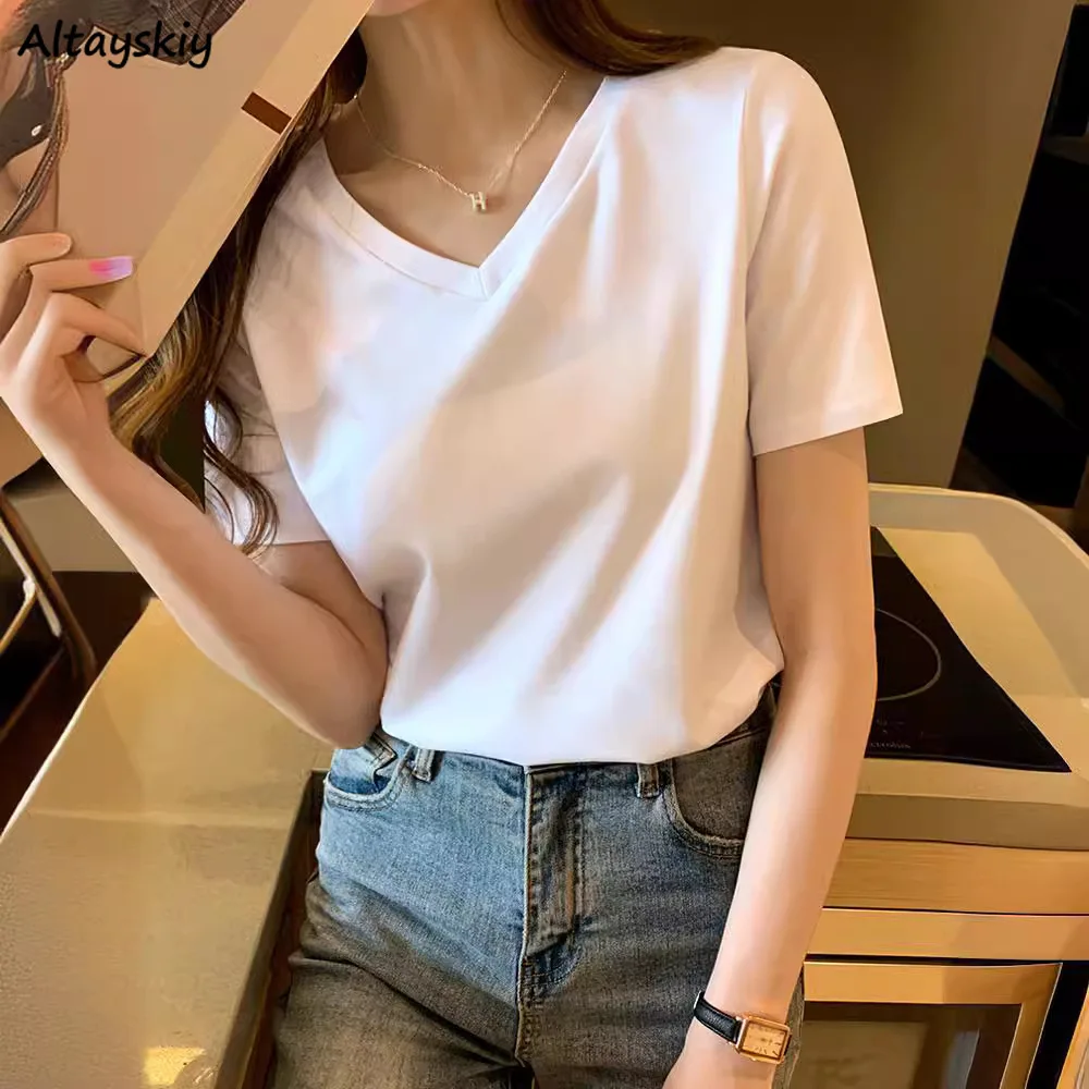 

Short Sleeve T-shirts Women V-neck White Cotton Loose Breathable Pure Casual Tops Female Clothing Summer All-match Basics Trendy