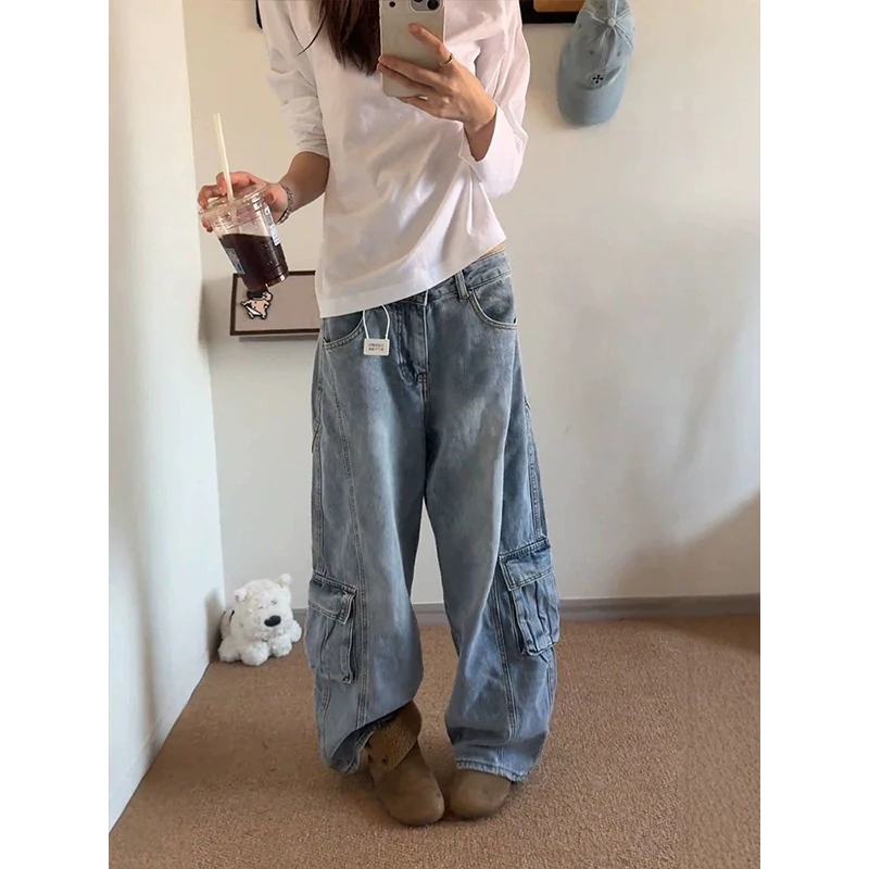 2026 Korean Autumn Winter Retro Low Jeans Loose Straight Pants Wide Leg Cargo Pants for Women's New Denim Pocket Trousers