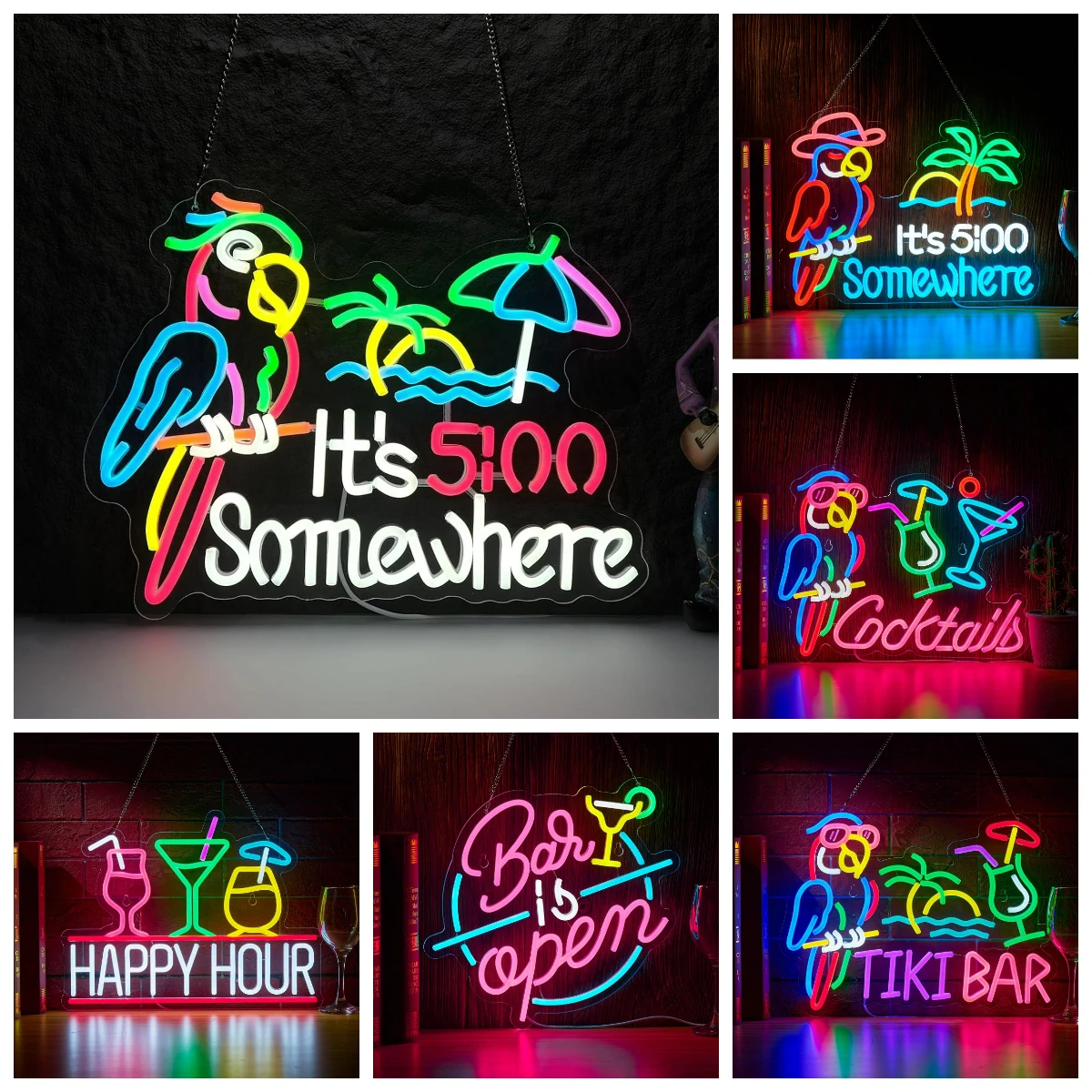 Tropical Parrot Tiki Bar Neon Sign USB Dimmable LED Light for Pub Man Cave Hawaii Beach Party Art Decoration Night Light Gifts
