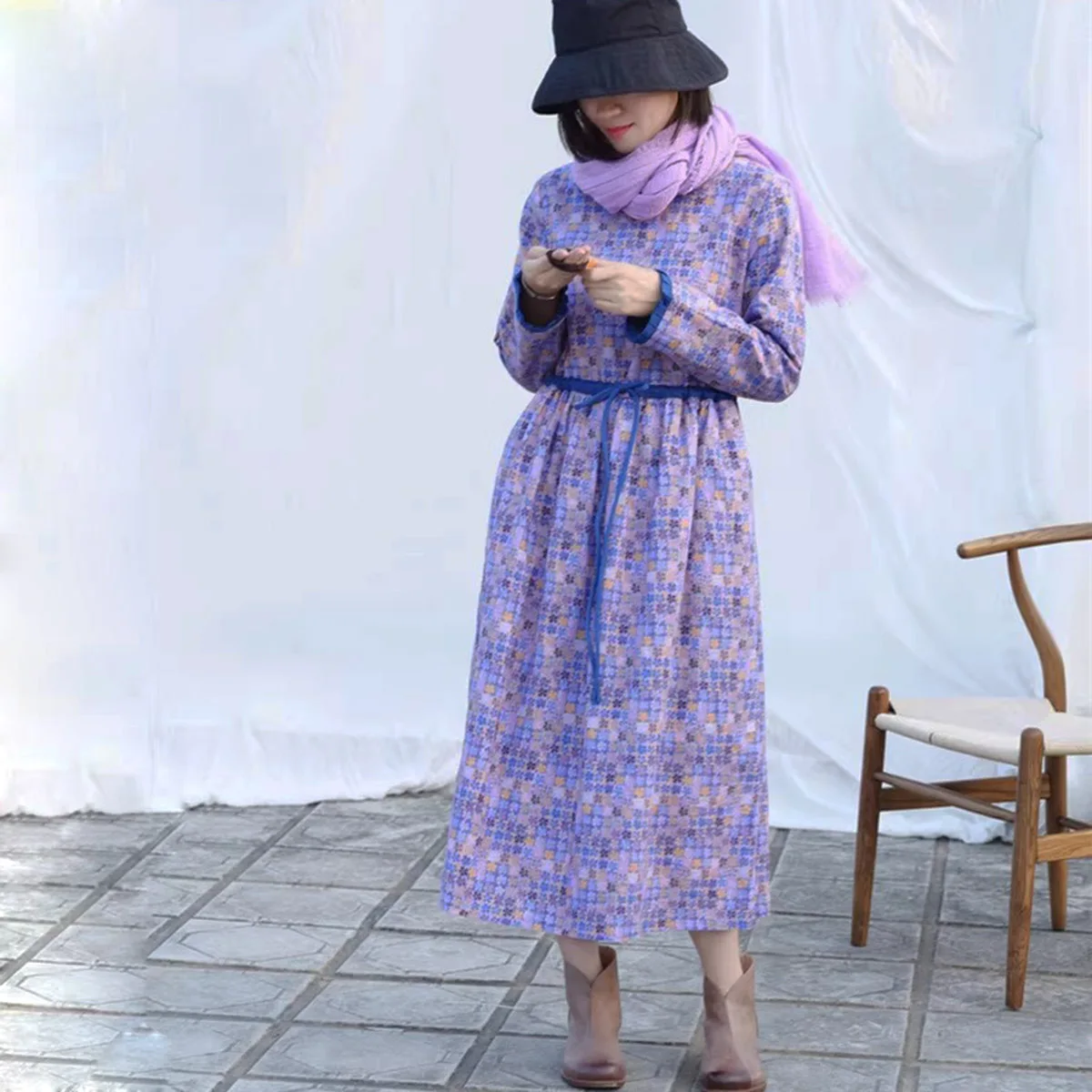 Falda MIDI por encima de la rodilla de ramio de calidad con estampado Vintage, vestidos de ocio de invierno para mujer, bata tipo túnica de manga larga con forro polar y bolsillos