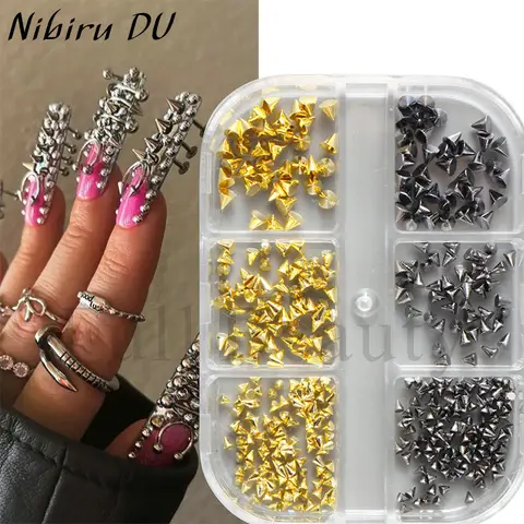 6 Grids 3D Metal Rivet Nail Charms Punk Style Mixed Sizes Gold Black Silver Alloy Nail Cone Studs Nail Art Manicure Decorations