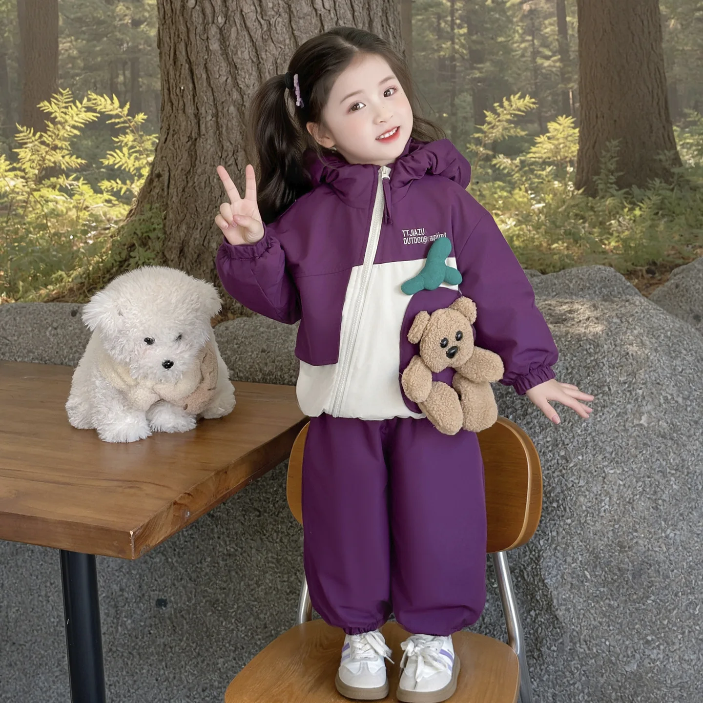 

Kawaii Girl Outdoor Jackets Pants Set Student Winter Casual Cartoon Keep Warm Tops Long Pants 2-Piece Set Children's Clothing