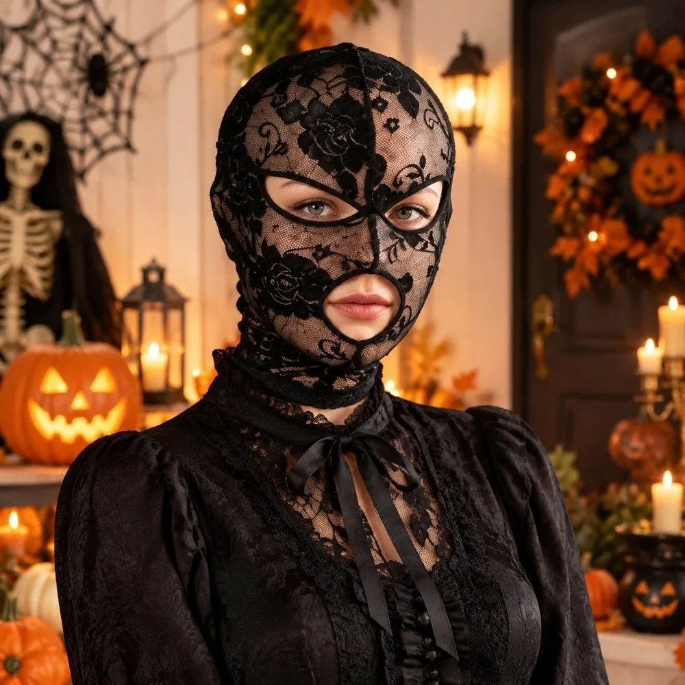 Vintage Halloween Head Cover Quick-dry Breathable Unisex Full Face Headgear With Eye Mouth Openings Elegant Gothic Lace Mask